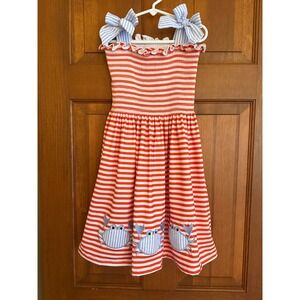 BB Baby Crab Smocked Sundress Girls Size 7 Striped Bow Sleeves Summer Resortwear